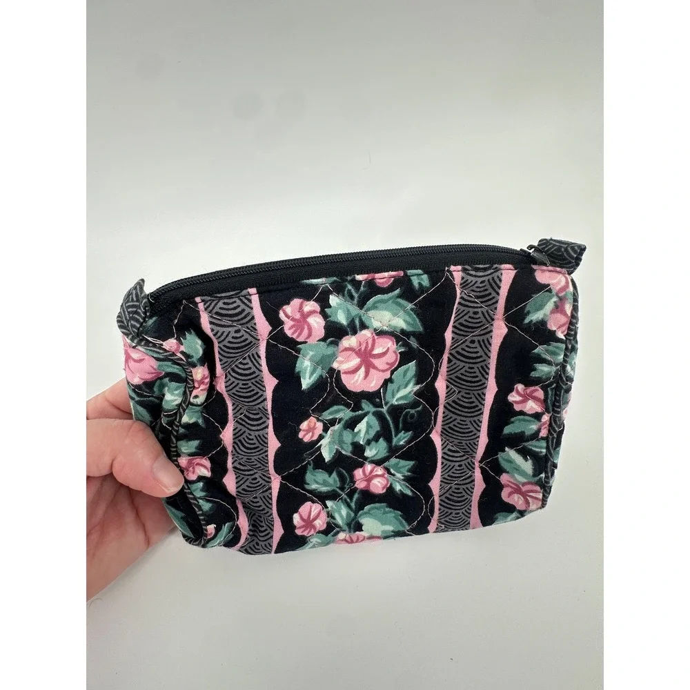 Vintage Cosmetic Bag Set Quilted Floral Cotton & Blue Satin Lace Bow Pouches